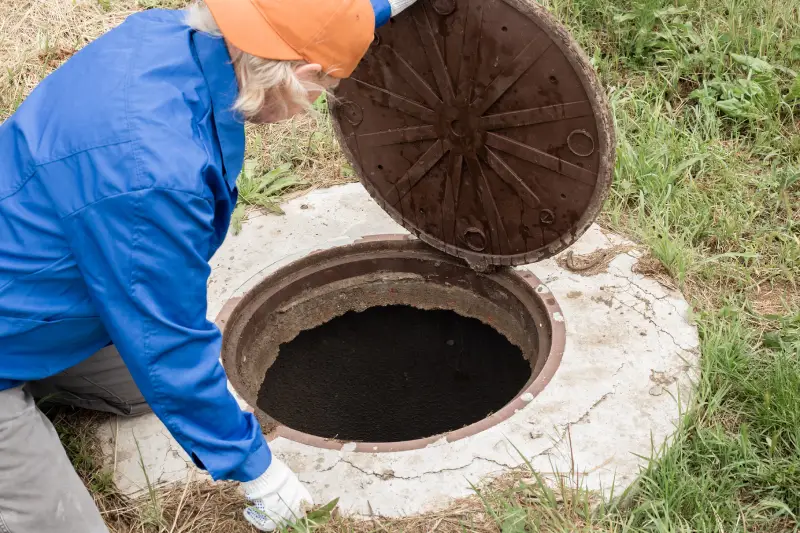 A working plumber opens a sewer hatch. Maintenance of septic tanks and water wells.